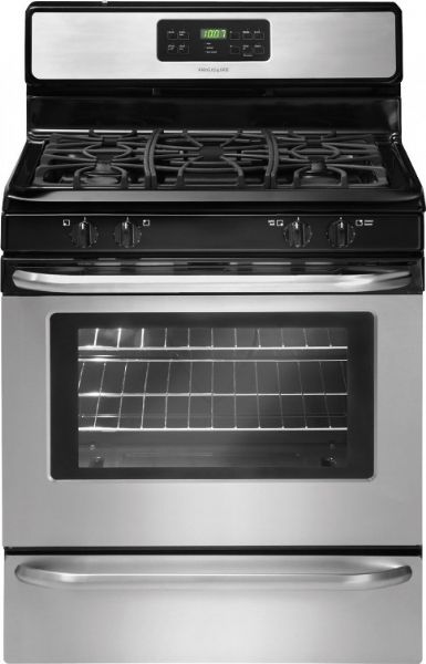 Frigidaire FFGF3027LS Freestanding Gas Range with 4 Sealed Burners Including Low Simmer, 5.0 cu. ft. Capacity, 16,000 BTU Front Right Burner, 12,000 BTU Front Left Burner , 5,000 BTU Rear Right Burner, 9,500 BTU Rear Left Burner, 18,000 BTU Baking Element, 18,000 BTU Broil Element, Membrane Interface, Plastic Knobs, Low and High Broil, Integrated with Bake Preheat, 2, 3 Hours Self-Clean, UPC 012505505829, Stainless Steel Finish (FFGF3027LS FFGF-3027LS FFGF 3027LS FFGF3027 LS FFGF3027-LS)