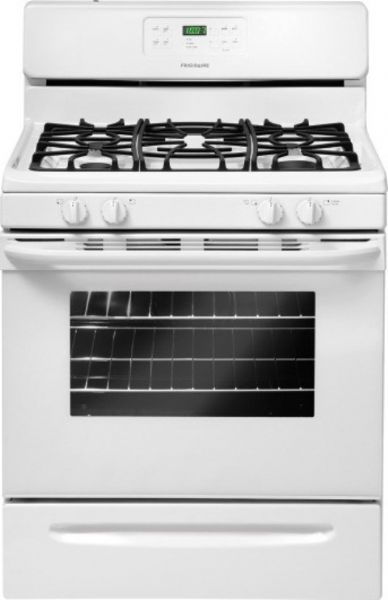 Frigidaire FFGF3027LW Freestanding Gas Range with 4 Sealed Burners Including Low Simmer, 5.0 cu. ft. Capacity, 16,000 BTU Front Right Burner, 12,000 BTU Front Left Burner , 5,000 BTU Rear Right Burner, 9,500 BTU Rear Left Burner, 18,000 BTU Baking Element, 18,000 BTU Broil Element, Membrane Interface, Plastic Knobs, Low and High Broil, Integrated with Bake Preheat, 2, 3 Hours Self-Clean, UPC 012505505805, White Finish (FFGF3027LW FFGF3027-LW FFGF3027 LW)