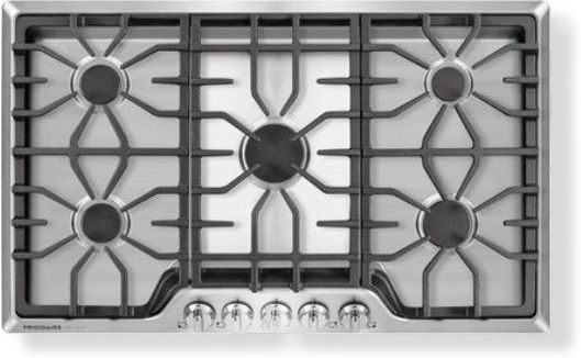 Frigidaire FGGC3645QS Gallery 36'' Gas Cooktop, Angled Front Controls, Continuous corner-to-corner grates, Dishwasher-safe cast iron grates, SpillSafe Cooktop, Seamless Recessed Burners, Low Simmer Burner, Right Rear Gas Supply Connection Location, Front Control Location, 3 Continuous Grates, Included LP Conversion Kit, UPC 057112991610 (FGGC3645QS FRIGIDAIRE-FGGC3645QS FRIGIDAIRE FGGC3645QS)