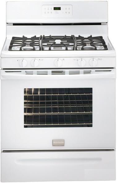 Frigidaire FGGF3031KW Gallery Series Freestanding Gas Range with 5 Sealed Burners, 17,000 BTU Front Right Burner, 9,500 BTU Front Left Burner, 5,000 BTU Rear Right Burner, 13,500 BTU Rear Left Burner, 9,500 BTU Center Burner, 5.0 Cu. Ft. Capacity, 18,000 BTU Bake Element, Even Baking Technology System, 13,500 BTU Broil Element, Vari-Broil Hi/Low Broiling System, 2 Standard, 1 Off-Set Rack Configuration, White Color (FGGF-3031KW FGGF 3031KW FGGF3031-KW FGGF3031 KW)