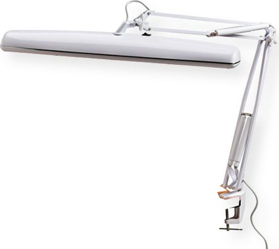 Alvin FL545-D Tri-Fluorescent Task Lamp, White Color; Three fluorescent bulbs for a total of 42w with a unique rectangular gridded shade to evenly spread light onto the work surface; Features heavy-duty adjustable desktop mounting clamp that fits up to 2.5