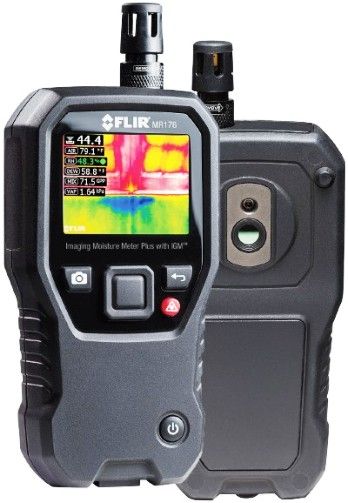 FLIR MR176 Imaging Moisture Meter Plus with IGM, 2.3 in. Color TFT Graphical Display, 80x60 Pixels Thermal Image Resolution, 9Hz Image Frame Rate, 8 to 14 um Spectral Response, 51 x 38 degrees Field of View, Thermal Sensitivity less than 32.3 degrees fahrenheit, Minimum Focus Distance 4 in., Pinless Moisture Range 0100 Relative Measurement, 0.75 in. Max Pinless Measurement Depth, UPC 793950371763 (MR-176 MR 176)