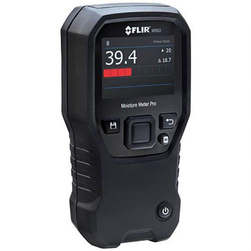 FLIR MR60 Moisture Meter Pro (Pin and Pinless); Pin or Pinless moisture readings are displayed with large digits and color bargraph; External pin probe (included) for resistive moisture content measurements; Save up to 10000 screenshots and readings that users can transfer and view via PC/USB; Can withstand 3 meter drop; Eleven (11) material group selections for pin-based readings; Programmable high moisture alarm with audible and color visual alerts; UPC: 793950370605 (FLIRMR60 FLIR MR60 BALL M 