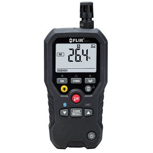 FLIR MR77 5-in-1 Moisture Meter, METERLiNK Technology; Field Replaceable Temperature and Relative Humidity Sensor; Integrated IR Thermometer provides fast non-contact surface temperature measurements; Remote pin-type probe (included) allows for contact moisture readings; Large LCD screen clearly displays moisture, humidity, and air temperature levels; Teledyne FLIR Tools Mobile connects Teledyne FLIR MR77 to compatible smartphone and tablet via Bluetooth; UPC: 793950370773 (FLIRMR77 FLIR MR77 MO 
