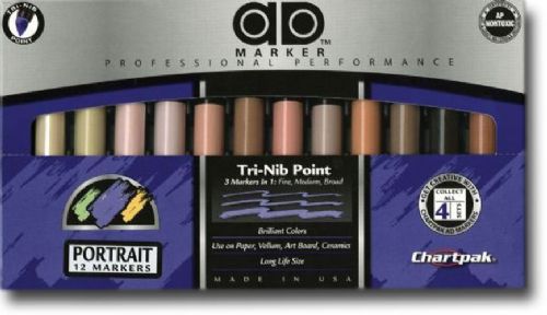 Chartpak FLT12 AD, Marker 12-Color Portrait Set; Non-toxic, solvent-based markers do not streak or feather and are ideal for artistic use on traditional and non-traditional surfaces such as paper, acrylics, ceramics, and more; Colors subject to change; Dimensions 10.50