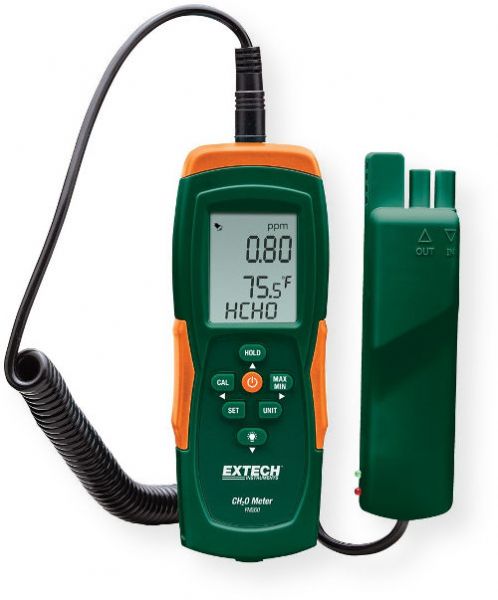  Extech FM200 Formaldehyde Meter; Simultaneously displays Formaldehyde concentration, Air Temperature, and Relative Humidity readings; Large LCD display with backlighting; Adjustable Audible alarm, default at 0.08 ppm; Designed with Electrochemical CH2O sensor; Built in bumper that allows the fan inside the sensor to draw in gas quickly; UPC 793950232002 (FM200 FM-200 FORMALDEHYDE-FM200 EXTECHFM200 EXTECH-FM200 EXTECH-FM-200)