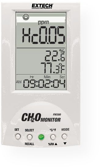 Extech FM300 Desktop Formaldehyde Monitor (CH2O or HCHO); Simultaneously displays Formaldehyde concentration, Air Temperature, and Relative Humidity readings with date (Year, Month, Day) and time; Dimensions 6.1