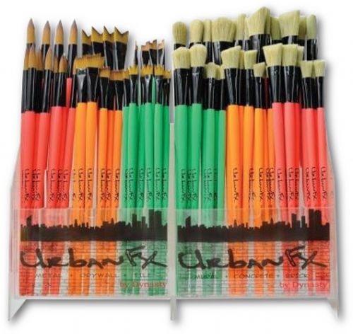 Dynasty FM35345D Urban FX, Synthetic And Bristle Urban Art Brush Display Assortment; All brushes feature brightly colored handles coated with a soft touch, non-slip lacquer; Bristle works best for painting mural, concrete, and brick; Densely packed ferrules allow a continuous flow with a tremendous amount of paint, creating a smooth flow over the rough surfaces and a good fill between the cracks; UPC 018376353453 (DINASTYFM35345D DINASTY FM35345D FM 35345D FM35345 D 35345 DINASTY-FM35345D FM-353