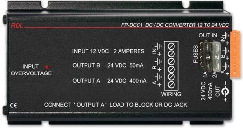 Radio Design Labs FP-DCC1 12 Vdc to 24 Vdc Converter; 24 Vdc Power from 12 Vdc Source; Mobile Powering of 24 Vdc Modules; 24 Vdc Ground-Referenced Power Output; Separate High-Current and Low-Noise Outputs; Power Requirements: 11-14VDC, Ground-Referenced; Dimensions (HxWxD): 1.25 x 3.25 x 6.54