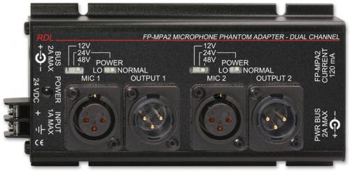 Radio Design Labs FP-MPA2 Dual Microphone Phantom Adapter 12, 24, 48 V - XLR; Phantom Adapter for Two Mics; Selectable Phantom Voltage; 12V, 24V, 48V Phantom; Selectable Current for 24V Mics; Number of Channels: 2; Inputs: 2 x XLR; Output: 2 x XLR; Phantom Power: 12V, 24V or 48V; Multi Function: No; Gain Range:,Not applicable; Maximum Output Level:,Not applicable; Frequency Response:,Not applicable (FPMPA2 FP-MPA2 FP-MPA2)