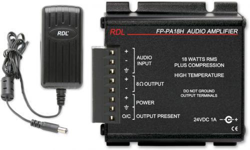 Radio Design Labs FP-PA18H 18 W Mono Hi-Temp  Audio Amplifier - 8 ohm, with Power Supply; 18 Watts RMS into 8 Ω Operation in Elevated Ambient Temperatures to 70C; Input / Output Detachable Terminal Block Connections; Line Level Balanced or Unbalanced Input; Input: Line level (4 dBu nominal balanced; 10 dBV nominal unbalanced); Input Impedance: 10 k: balanced bridging; 5 k: unbalanced; Gain Adjustment: Single turn audio taper (FPPA18H FP-PA18H FP-PA18H)