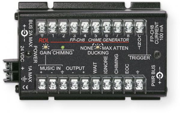 Radio Design Labs RDL-FPCH8 Chime Generator - 8 Electronic Chimes; 8 Individually Selectable Electronic Chimes; Selectable Single or Repeated Chime; Synthesized Bell Harmonics for Natural Sound; External Chime Actuation; Construction: Metal, plastic; Finish: Black; Output: Output: 150: balanced or 75: unbalanced, Output Signal: +4 dBu nominal; Power: 24-33VDC @ 100mA, ground-referenced; Dimensions (HxWxD): 3.25 x 5 x 1.36