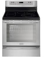 Frigidaire FPEF3081MF Professional 30 inch Freestanding Electric Range with Dual Convection - Smudge-Proof Stainless Steel; Black Ceramic Glass Cooktop; Black Side Panels; Stainless Steel Handles; Wide View Window w/ Pro-Tint Finish; Pro-Select; Wise Bridge; 5 Radiant Elements; 1 Deep Sump Rack; 1 Heavy Duty Rack; 1 SpaceWise Half Rack; Power Type Electric; Size 30"; Convection Bake; Convection Broil; Convection Conversion; Convection Roast (FPEF3081MF FPEF3081MF) 