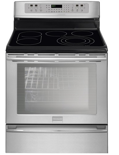 Frigidaire FPEF3081MF Professional 30 inch Freestanding Electric Range with Dual Convection - Smudge-Proof Stainless Steel; Black Ceramic Glass Cooktop; Black Side Panels; Stainless Steel Handles; Wide View Window w/ Pro-Tint Finish; Pro-Select; Wise Bridge; 5 Radiant Elements; 1 Deep Sump Rack; 1 Heavy Duty Rack; 1 SpaceWise Half Rack; Power Type Electric; Size 30