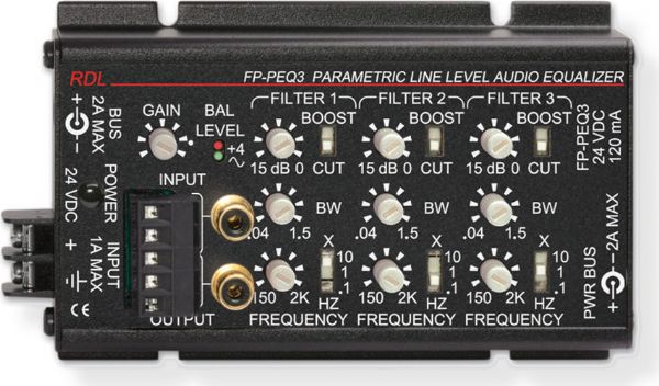 RADIODESIGNLABSFPPEQ3 Flat Pak Series 3 Band Parametric Equalizer with Terminal Blocks, and RCA Jacks; Highly versatile parametric equalizer; Independent adjustment controls; Adjustable bandwidth 0.04 to 1.5 octave; Adjustable frequency 15 Hz to 20 kHz; Cut or boost adjustable more or less 15 dB; Overlapping frequency bands; Output level metering; UPC 813721012517 (RADIODESIGNLABSFPPEQ3 DEVICE EQUALIZER CONTROL BANDS)