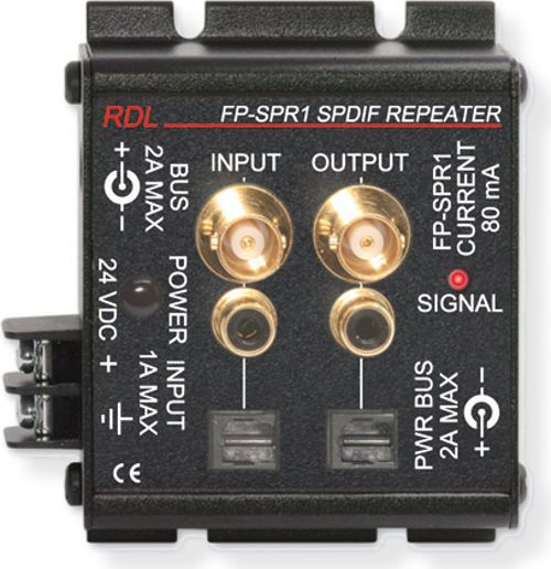 RDL FP-SPR1 Flat Pak Series SP Digital Interface Repeater Amplifier; Correct SPDIF signal level from long line; Conversion between SPDIF connector types; BNC, phono, and optical inputs; BNC, phono, and optical outputs; Reshape SPDIF waveforms; Virtually jitter free performance; Convenience of RDL FLAT-PAK; UPC 813721012494 (FPSPR1 FPS-PR1 FPSPR-1 RDLF-PSPR1 RDLFPS-PR1 RDLFPSPR-1)