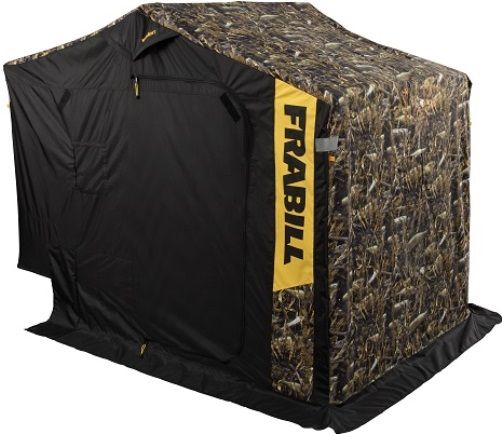 Frabill 6154 Fishouflage Ambush DLX Ice Shelter with Side Door; Fishes 2-3 anglers plus gear; 2 large side doors with heavy duty zipper; 2 deluxe padded swivel boat seats; Patented MSS (Modular Seating System); V600 Denier tent (Fishouflage camo pattern on top, front & back); Extra-tough, thermo-formed base; UPC 082271661548 (FRABILL6154 FRABILL-6154)