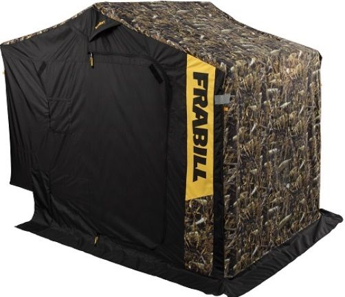 Frabill 7054 Fishouflage Thermal Ambush DLX SideStep Ice Shelter; Fishes 2-3 anglers plus gear; 2 large side doors with heavy duty zipper Premium 3 ply quilted insulated fabric for extreme heat retention; 2 deluxe padded swivel boat seats Patented MSS (Modular Seating System); Extra-tough, thermo-formed base; UPC 082271670540 (FRABILL7054 FRABILL-7054)