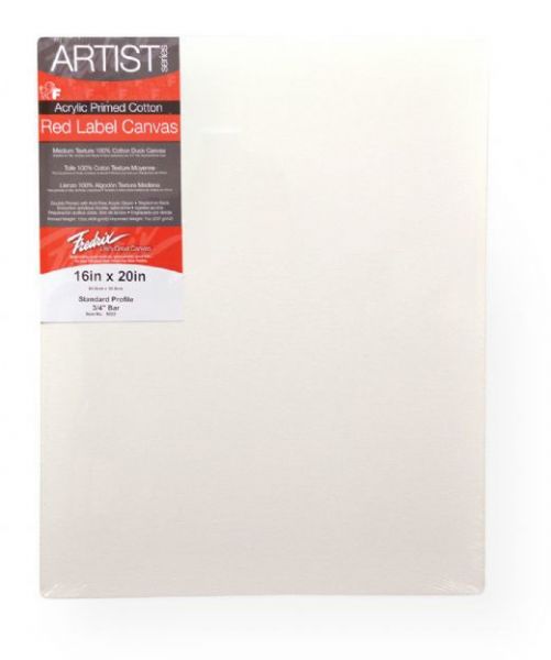 Fredrix 5027 Artist Series-Red Label 22 x 28 Stretched Canvas; Features superior quality, medium textured, duck canvas; Canvas is double-primed with acid-free acrylic gesso for use with oil or acrylic painting; It is stapled onto the back of standard stretcher bars (11/16
