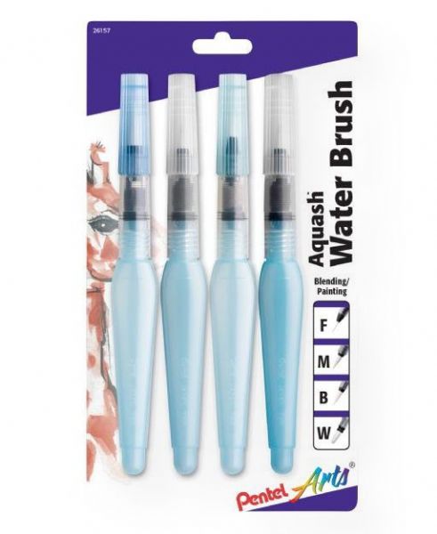 Pentel FRHBP4M Aquash Fine Point Water Brushes Assorted Tips; Use with watercolor crayons to blend and soften artwork; Durable tip holds its point while the controlled application of water allows bold colors to subtle tints; Flattened large barrel keeps brush from rolling off surface; 4-Pack; Shipping Weight 0.08 lb; Shipping Dimensions 1.00 x 4.25 x 7.62 inches; UPC 072512261576 (PENTELFRHBP4M PENTEL-FRHBP4M AQUASH-FRHBP4M PENTEL-AQUASH-FRHBP4M PAINTING ARTWORK)