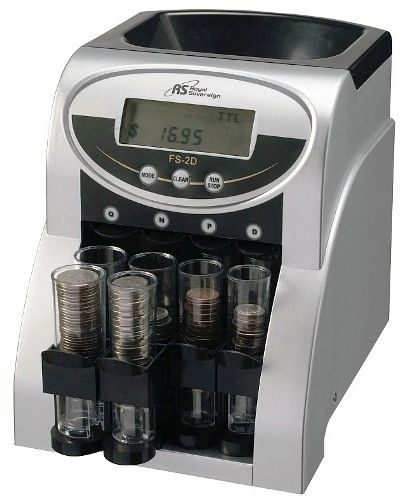 Royal Sovereign FS-2D Digital Coin Sorter, Automatically sorts pennies, nickels, dimes & quarters into wrappers, Two rows of coin tubes per denomination, Sorts 312 coins per minute, Collection opening holds up to 400 coins, Anti-jam device ensures accurate counting, Digital display shows amount and dollar value of sorted coins, Replaced FS-2 FS2 (FS2D FS 2D)