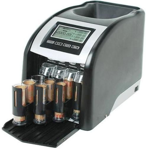 Royal Sovereign FS-44P Four-Row Digital Coin Sorter; High Performance 4-Row coin sorter quickly and accurately sorts pennies, nickels, dimes, and quarters into wrappers; Anti-Jam Technology Patented internal anti-jam device rotates to help free jammed coins; Large Collection Opening Hopper capacity allows up to 800 coins; UPC 035565901233 (FS44P FS 44P FS-44)