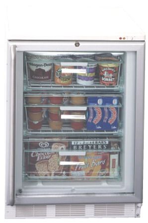 Summit FS62GL-7 Wide Glass Door Under-counter All-freezer, White, 4.5 c.f. Capacity, Manual defrost, 3 removable baskets keep contents colder when door is opened, Adjustable thermostat, Energy efficient design, 115 Volts/ 60 hertz (FS62GL7 FS62GL FS-62GL7 FS62)