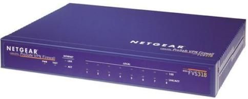 Netgear FVS318 ProSafe VPN Firewall Router, 1 x 200 MHz Type, 16 MB SDRAM RAM, 2 MB Flash Memory, Wired Connectivity Technology, 8-port switch Integrated Switch, Ethernet, Fast Ethernet Data Link Protocol, Ethernet Switching Protocol, TCP/IP, PPTP, UDP/IP, ICMP/IP, IPSec, PPPoE Network / Transport Protocol, RIP-1, RIP-2, static IP routing Routing Protocol, HTTP Remote Management Protocol, 8 Capacity IPSec VPN tunnels (FVS-318 FVS 318)