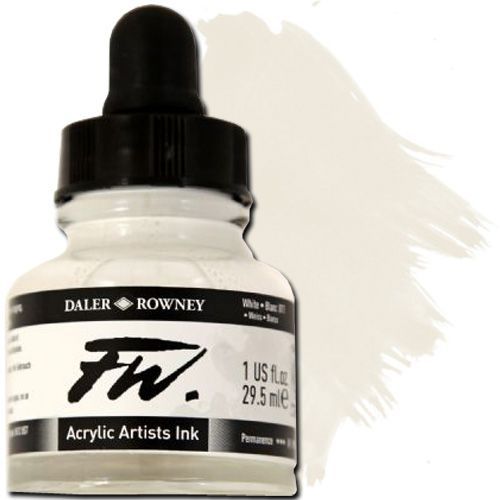 FW 160029011 Liquid Artists', Acrylic Ink, 1oz, White; An acrylic-based, pigmented, water-resistant inks (on most surfaces) with a 3 or 4 star rating for permanence, high degree of lightfastness, and are fully intermixable; Alternatively, dilute colors to achieve subtle tones, very similar in character to watercolor; UPC N/A (FW160029011 FW 160029011 ALVIN ACRYLIC 1oz WHITE)
