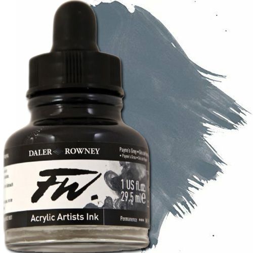 FW 160029065 Liquid Artists', Acrylic Ink, 1oz, Payne's Gray; An acrylic-based, pigmented, water-resistant inks (on most surfaces) with a 3 or 4 star rating for permanence, high degree of lightfastness, and are fully intermixable; Alternatively, dilute colors to achieve subtle tones, very similar in character to watercolor; UPC N/A (FW160029065 FW 160029065 ALVIN ACRYLIC 1oz PAYNES GRAY)