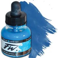 FW 160029100 Liquid Artists', Acrylic Ink, 1oz, Fluorescent Blue; An acrylic-based, pigmented, water-resistant inks (on most surfaces) with a 3 or 4 star rating for permanence, high degree of lightfastness, and are fully intermixable; Alternatively, dilute colors to achieve subtle tones, very similar in character to watercolor; UPC N/A (FW160029100 FW 160029100 ALVIN ACRYLIC 1oz FLUORESCENT BLUE) 