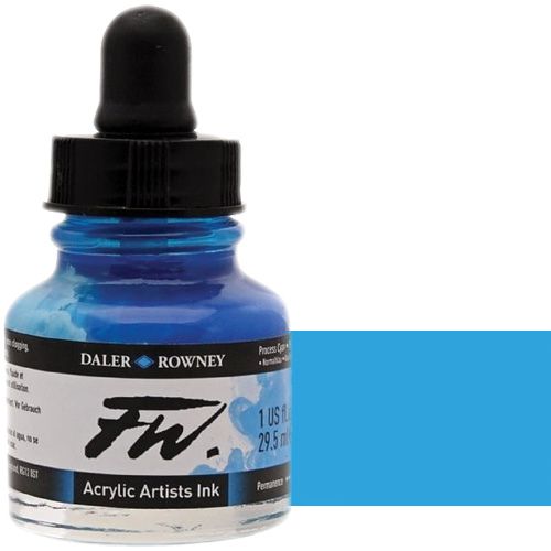 FW 160029120 Liquid Artists', Acrylic Ink, 1oz, Process Cyan; An acrylic-based, pigmented, water-resistant inks (on most surfaces) with a 3 or 4 star rating for permanence, high degree of lightfastness, and are fully intermixable; Alternatively, dilute colors to achieve subtle tones, very similar in character to watercolor; UPC N/A (FW160029120 FW 160029120 ALVIN ACRYLIC 1oz PROCESS CYAN)