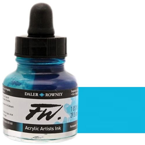 FW 160029145 Liquid Artists', Acrylic Ink, 1oz, Turquoise; An acrylic-based, pigmented, water-resistant inks (on most surfaces) with a 3 or 4 star rating for permanence, high degree of lightfastness, and are fully intermixable; Alternatively, dilute colors to achieve subtle tones, very similar in character to watercolor; UPC N/A (FW160029145 FW 160029145 ALVIN ACRYLIC 1oz TURQUOISE)