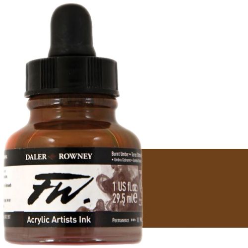 FW 160029223 Liquid Artists', Acrylic Ink, 1oz, Burnt Umber; An acrylic-based, pigmented, water-resistant inks (on most surfaces) with a 3 or 4 star rating for permanence, high degree of lightfastness, and are fully intermixable; Alternatively, dilute colors to achieve subtle tones, very similar in character to watercolor; UPC N/A (FW160029223 FW 160029223 ALVIN ACRYLIC 1oz BURNT UMBER)