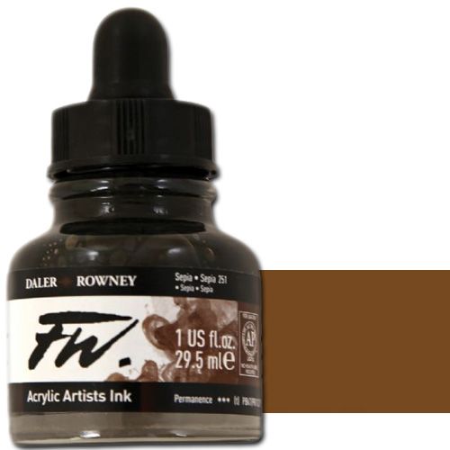 FW 160029251 Liquid Artists', Acrylic Ink, 1oz, Sepia; An acrylic-based, pigmented, water-resistant inks (on most surfaces) with a 3 or 4 star rating for permanence, high degree of lightfastness, and are fully intermixable; Alternatively, dilute colors to achieve subtle tones, very similar in character to watercolor; UPC N/A (FW160029251 FW 160029251 ALVIN ACRYLIC 1oz SEPIA)