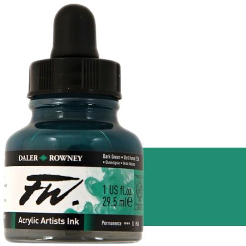 FW 160029326 Liquid Artists', Acrylic Ink, 1oz, Dark Green; An acrylic-based, pigmented, water-resistant inks (on most surfaces) with a 3 or 4 star rating for permanence, high degree of lightfastness, and are fully intermixable; Alternatively, dilute colors to achieve subtle tones, very similar in character to watercolor; UPC N/A (FW160029326 FW 160029326 ALVIN ACRYLIC 1oz DARK GREEN)