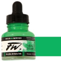 FW 160029335 Liquid Artists', Acrylic Ink, 1oz, Emerald Green; An acrylic-based, pigmented, water-resistant inks (on most surfaces) with a 3 or 4 star rating for permanence, high degree of lightfastness, and are fully intermixable; Alternatively, dilute colors to achieve subtle tones, very similar in character to watercolor; UPC N/A (FW160029335 FW 160029335 ALVIN ACRYLIC 1oz EMERALD GREEN) 