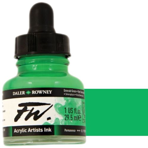 FW 160029335 Liquid Artists', Acrylic Ink, 1oz, Emerald Green; An acrylic-based, pigmented, water-resistant inks (on most surfaces) with a 3 or 4 star rating for permanence, high degree of lightfastness, and are fully intermixable; Alternatively, dilute colors to achieve subtle tones, very similar in character to watercolor; UPC N/A (FW160029335 FW 160029335 ALVIN ACRYLIC 1oz EMERALD GREEN)