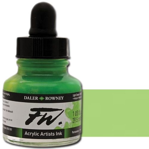 FW 160029348 Liquid Artists', Acrylic Ink, 1oz, Light Green; An acrylic-based, pigmented, water-resistant inks (on most surfaces) with a 3 or 4 star rating for permanence, high degree of lightfastness, and are fully intermixable; Alternatively, dilute colors to achieve subtle tones, very similar in character to watercolor; UPC N/A (FW160029348 FW 160029348 ALVIN ACRYLIC 1oz LIGHT GREEN)