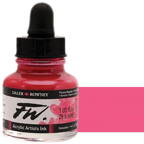 FW 160029412 Liquid Artists', Acrylic Ink, 1oz, Process Magenta; An acrylic-based, pigmented, water-resistant inks (on most surfaces) with a 3 or 4 star rating for permanence, high degree of lightfastness, and are fully intermixable; Alternatively, dilute colors to achieve subtle tones, very similar in character to watercolor; UPC N/A (FW160029412 FW 160029412 ALVIN ACRYLIC 1oz PROCESS MAGENTA)