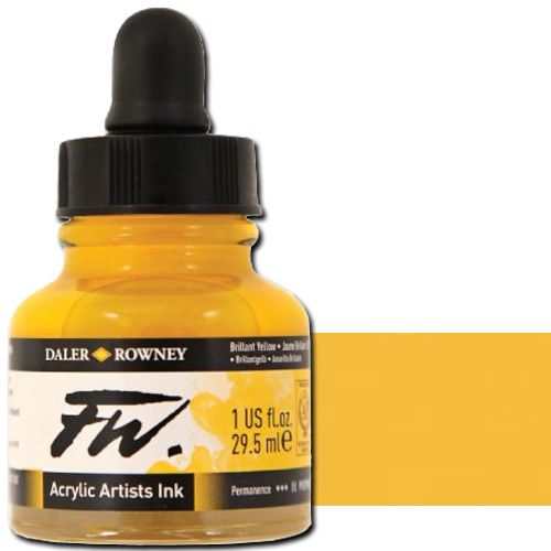 FW 160029607 Liquid Artists', Acrylic Ink, 1oz, Brilliant Yellow; An acrylic-based, pigmented, water-resistant inks (on most surfaces) with a 3 or 4 star rating for permanence, high degree of lightfastness, and are fully intermixable; Alternatively, dilute colors to achieve subtle tones, very similar in character to watercolor; UPC N/A (FW160029607 FW 160029607 ALVIN ACRYLIC 1oz BRILLIANT YELLOW)