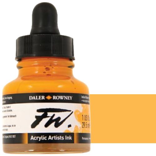 FW 160029643 Liquid Artists', Acrylic Ink, 1oz, Indian Yellow; An acrylic-based, pigmented, water-resistant inks (on most surfaces) with a 3 or 4 star rating for permanence, high degree of lightfastness, and are fully intermixable; Alternatively, dilute colors to achieve subtle tones, very similar in character to watercolor; UPC N/A (FW160029643 FW 160029643 ALVIN ACRYLIC 1oz INDIAN YELLOW)