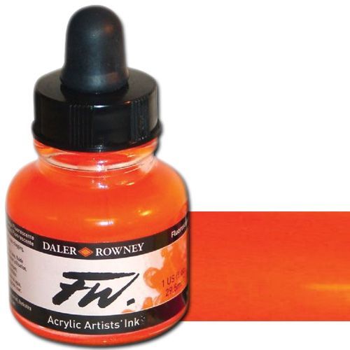 FW 160029653 Liquid Artists', Acrylic Ink, 1oz, Fluorescent Orange; An acrylic-based, pigmented, water-resistant inks (on most surfaces) with a 3 or 4 star rating for permanence, high degree of lightfastness, and are fully intermixable; Alternatively, dilute colors to achieve subtle tones, very similar in character to watercolor; UPC N/A (FW160029653 FW 160029653 ALVIN ACRYLIC 1oz FLUORESCENT ORANGE)Q