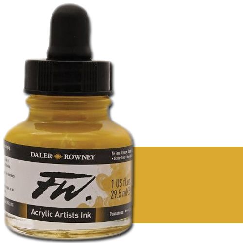 FW 160029663 Liquid Artists', Acrylic Ink, 1oz, Yellow Ochre; An acrylic-based, pigmented, water-resistant inks (on most surfaces) with a 3 or 4 star rating for permanence, high degree of lightfastness, and are fully intermixable; Alternatively, dilute colors to achieve subtle tones, very similar in character to watercolor; UPC N/A (FW160029663 FW 160029663 ALVIN ACRYLIC 1oz YELLOW OCHRE)