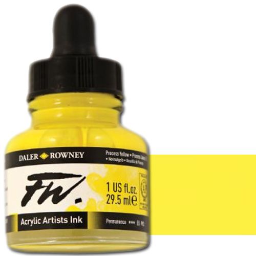 FW 160029675 Liquid Artists', Acrylic Ink, 1oz, Process Yellow; An acrylic-based, pigmented, water-resistant inks (on most surfaces) with a 3 or 4 star rating for permanence, high degree of lightfastness, and are fully intermixable; Alternatively, dilute colors to achieve subtle tones, very similar in character to watercolor; UPC N/A (FW160029675 FW 160029675 ALVIN ACRYLIC 1oz PROCESS YELLOW)