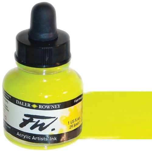 FW 160029681 Liquid Artists', Acrylic Ink, 1oz, Fluorescent Yellow; An acrylic-based, pigmented, water-resistant inks (on most surfaces) with a 3 or 4 star rating for permanence, high degree of lightfastness, and are fully intermixable; Alternatively, dilute colors to achieve subtle tones, very similar in character to watercolor; UPC N/A (FW160029681 FW 160029681 ALVIN ACRYLIC 1oz FLUORESCENT YELLOW)