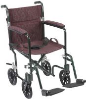 Drive Medical FW17BG Flyweight Lightweight Folding Transport Wheelchair, 17", Green Frame, Burgundy Upholstery, 4 Number of Wheels, 8" Casters, 8" Rear Wheels, 9" Closed Width, 10" Armrest Length, 18" Back of Chair Height, 27" Armrest to Floor Height, 15.75" Depth of Seat Upholstery, 33" x 9" x 37.25" Folded Dimensions, 15.75" Width Between Armrest Pads, 16.25" Width Between Posts, 17.75" Width of Seat Upholstery, 300 lbs Product Weight Capacity, UPC 822383109640 (FW17BG FW-17-BG FW 17 BG) 
