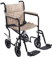 Drive Medical FW17DB Flyweight Lightweight Folding Transport Wheelchair, 17", Black Frame, Tan Plaid Upholstery, 4 Number of Wheels, 8" Casters, 8" Rear Wheels, 9" Closed Width, 10" Armrest Length, 18" Back of Chair Height, 27" Armrest to Floor Height, 15.75" Depth of Seat Upholstery, 33" x 9" x 37.25" Folded Dimensions, 15.75" Width Between Armrest Pads, 16.25" Width Between Posts, 17.75" Width of Seat Upholstery, 300 lbs Product Weight Capacity, UPC 822383109633 (FW17DB FW-17-DB FW 17 DB) 