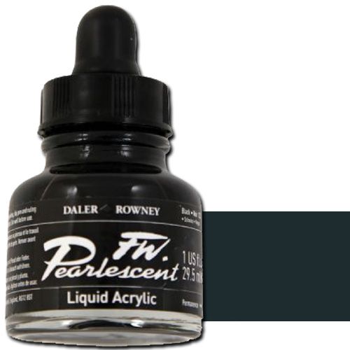 FW 603201032 Pearlescent Liquid Acrylic Ink, 1oz, Black; Acrylic-based inks are water-soluble when wet, but dry to a water-resistant film on most surfaces; All colors are very to extremely lightfast; The best means of applying pearlescent colors is by using a dipper pen, ruling pen, or brush; Due to large pigment particles, these are not suitable for fine line nozzles for airbrushes, technical pens, or fountain pens; UPC N/A (FW603201032 FW 603201032 ALVIN PEARLESCENT 1oz BLACK)
