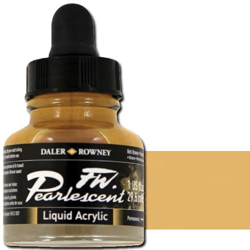 FW 603201110 Pearlescent Liquid Acrylic Ink, 1oz, Bell Bronze; Acrylic-based inks are water-soluble when wet, but dry to a water-resistant film on most surfaces; All colors are very to extremely lightfast; The best means of applying pearlescent colors is by using a dipper pen, ruling pen, or brush; Due to large pigment particles, these are not suitable for fine line nozzles for airbrushes, technical pens, or fountain pens; UPC N/A (FW603201110 FW 603201110 ALVIN PEARLESCENT 1oz BELL BRONZE)